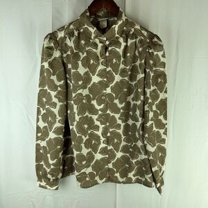 VTG Pykettes‎ Womens Size 12 Brown Floral Button Up Blouse Shirt Polyester